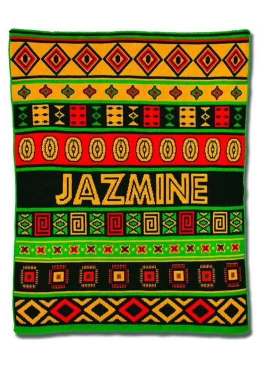 African Heritage Personalized Baby Name Blanket – Custom Knit Throw, Play Mat, or Stroller Blanket – Made in USA