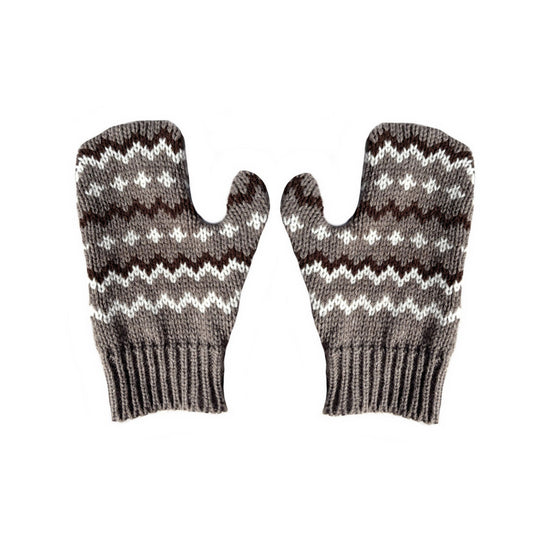 Pair of knitted mittens with a pattern on a white background