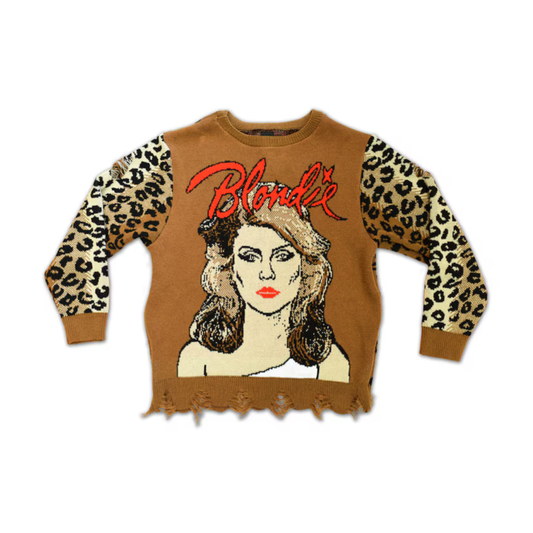 Blondie Knit Sweater – Vintage Rock Unisex Sweater with Leopard Print Sleeves, Made in USA