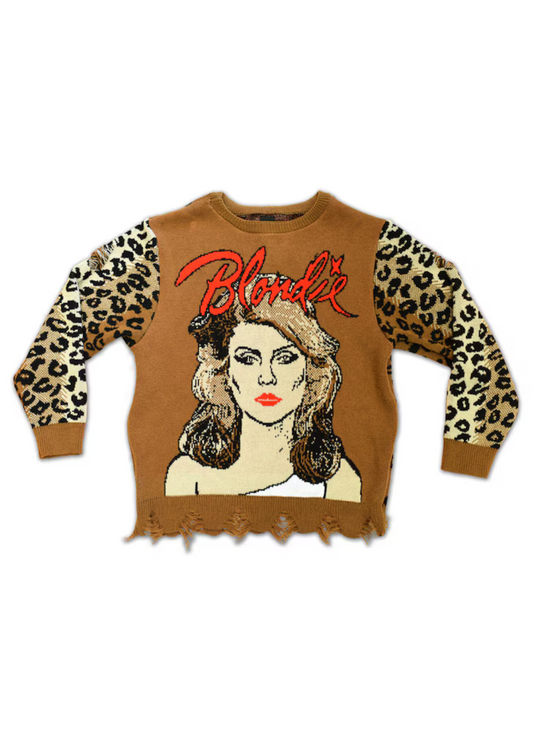 Blondie Knit Sweater – Vintage Rock Unisex Sweater with Leopard Print Sleeves, Made in USA