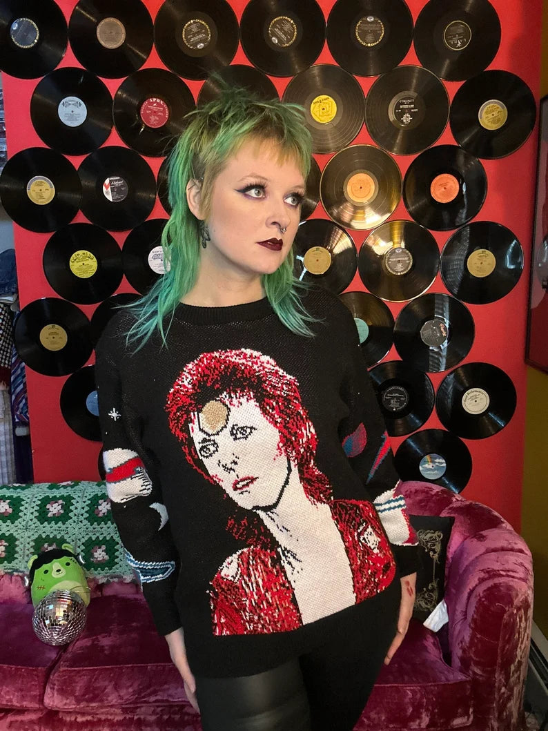 David Bowie Moonage Daydream Knit Sweater – Vintage Rock Unisex Sweater, Space Oddity Inspired, Made in USA