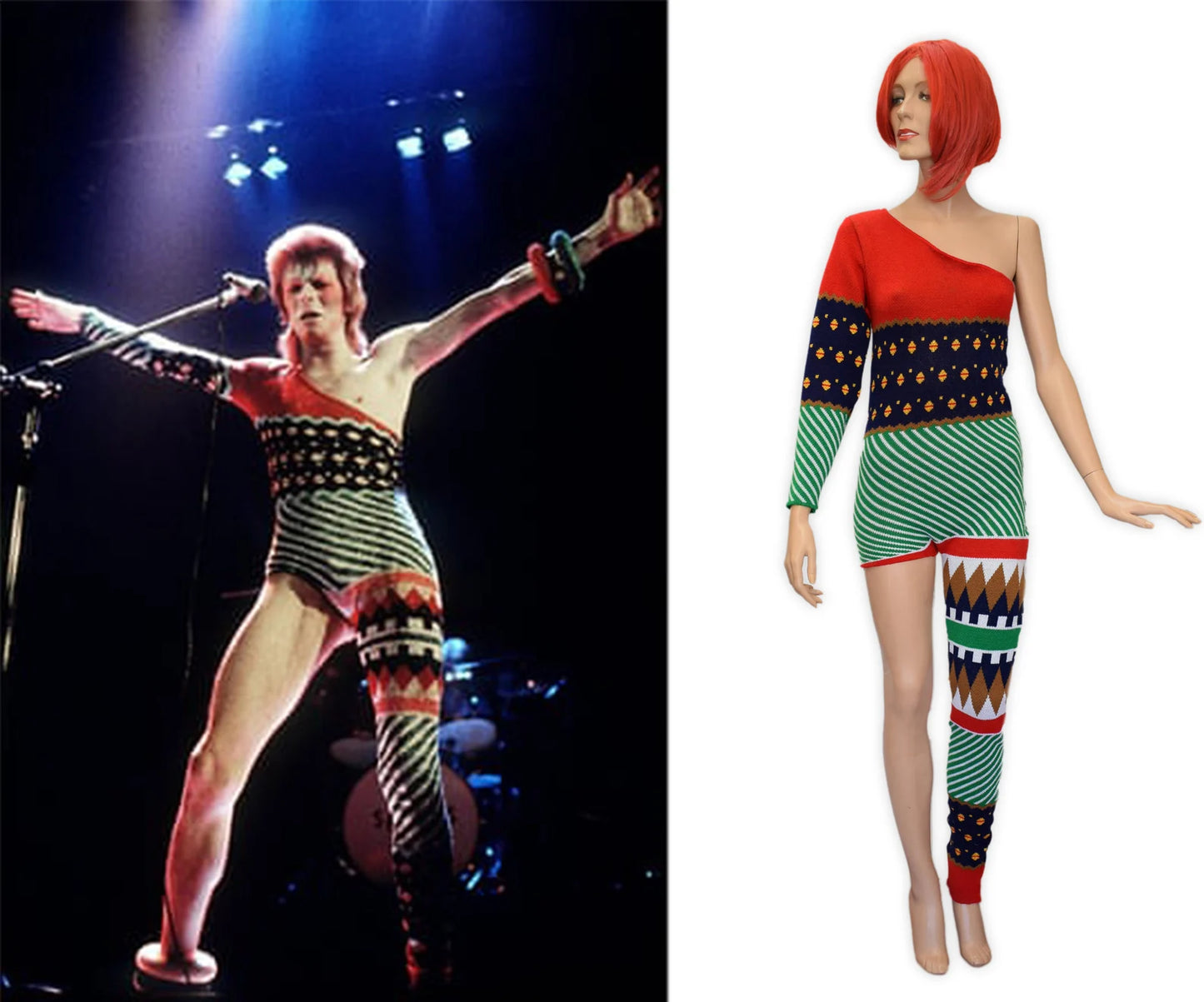 David Bowie Ziggy Stardust custom, 1973 Ziggy Stardust tour, Halloween, One shoulder-One Leg Bodysuit Costume - High Quality Knit Costume