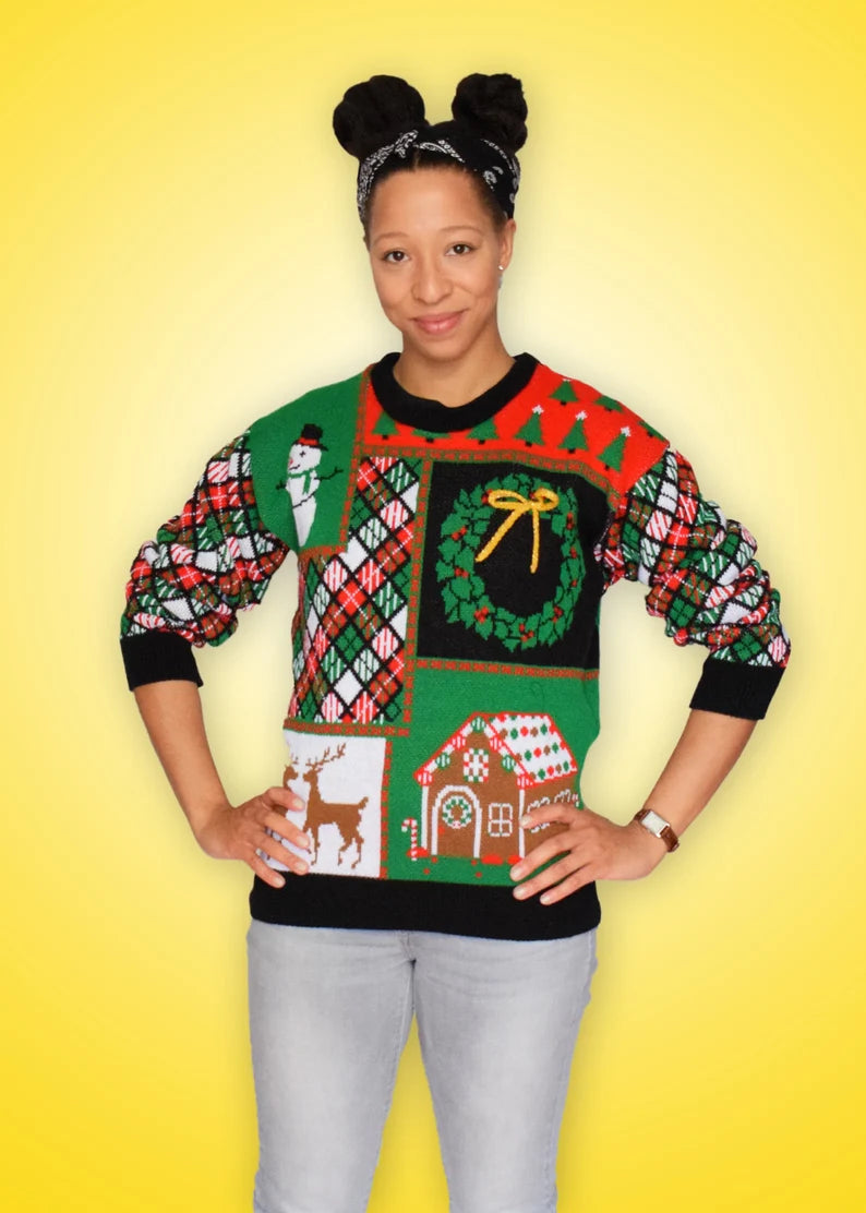 Patchwork Knit Christmas Sweater – Festive Unisex Ugly Holiday Sweater with 3D Ribbon Detail, Made in USA