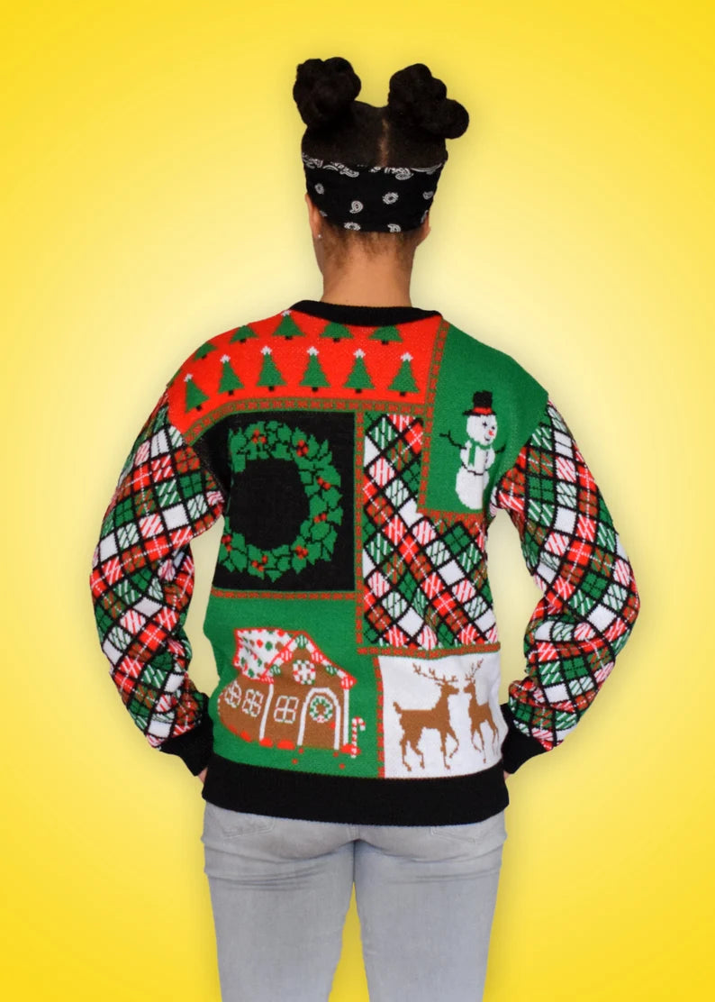 Patchwork Knit Christmas Sweater – Festive Unisex Ugly Holiday Sweater with 3D Ribbon Detail, Made in USA