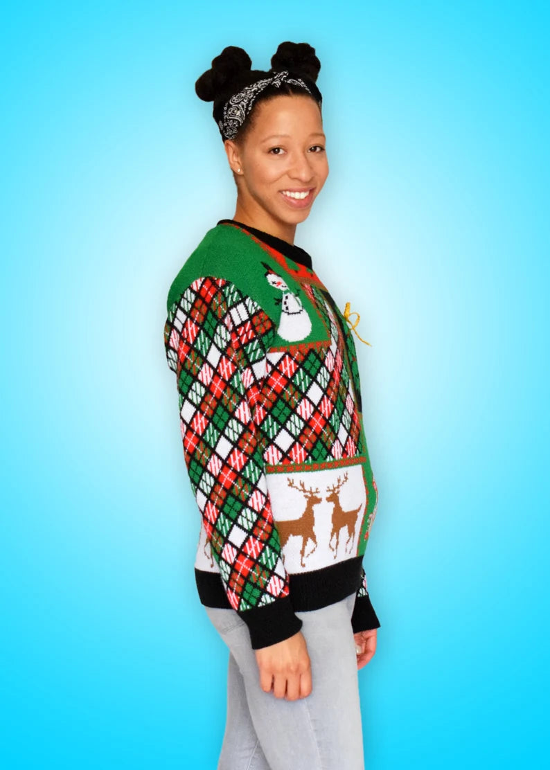 Patchwork Knit Christmas Sweater – Festive Unisex Ugly Holiday Sweater with 3D Ribbon Detail, Made in USA