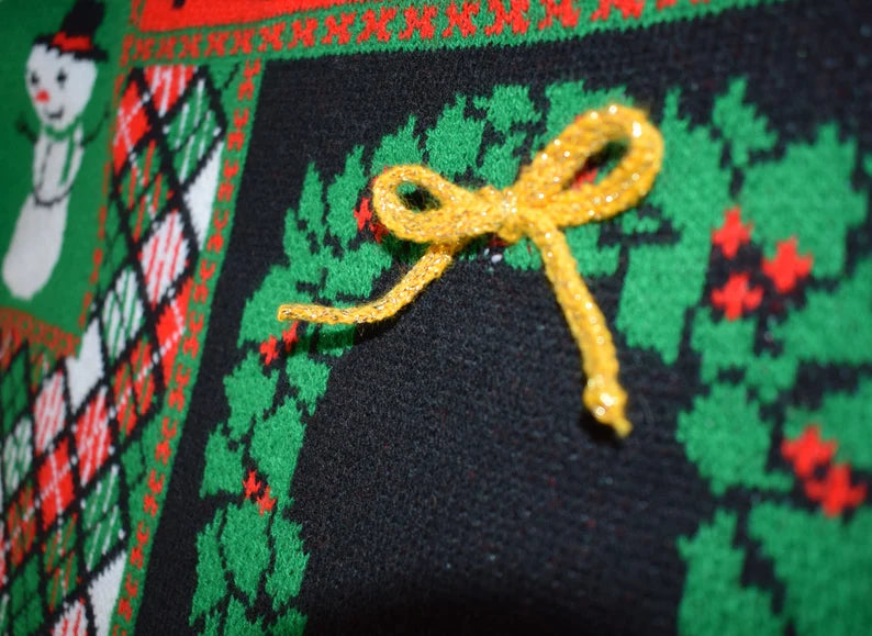 Patchwork Knit Christmas Sweater – Festive Unisex Ugly Holiday Sweater with 3D Ribbon Detail, Made in USA