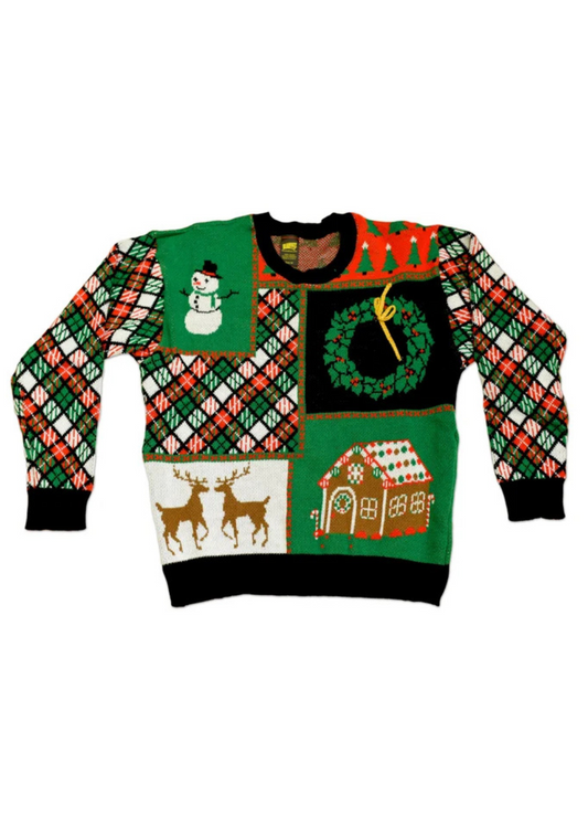 Patchwork Knit Christmas Sweater – Festive Unisex Ugly Holiday Sweater with 3D Ribbon Detail, Made in USA