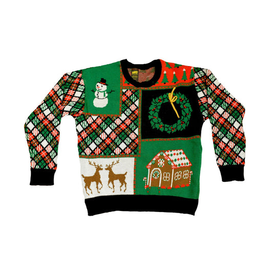 Patchwork Knit Christmas Sweater – Festive Unisex Ugly Holiday Sweater with 3D Ribbon Detail, Made in USA