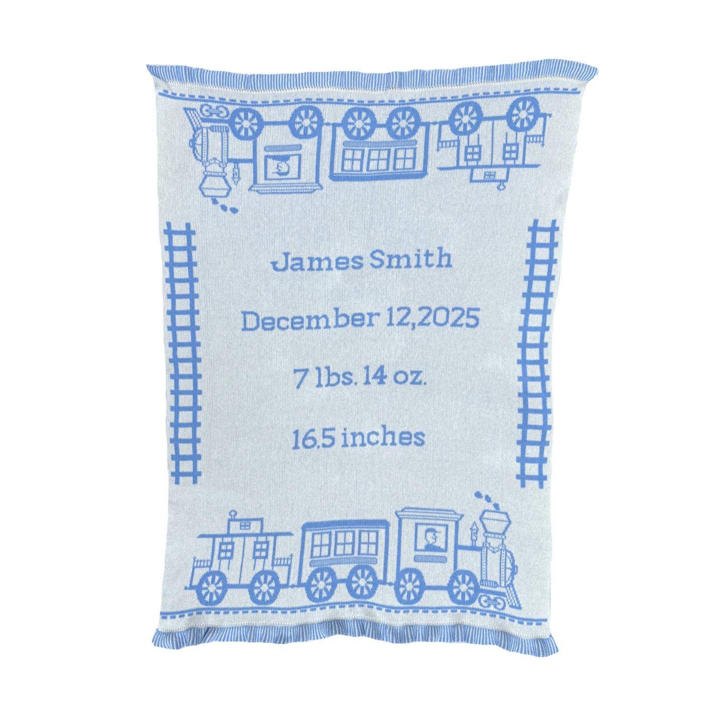 Personalized Toy Train Baby Blanket & Play Mat – Knit Baby Blanket (Navy or Baby Blue)