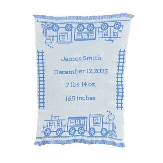 Personalized Toy Train Baby Blanket & Play Mat – Knit Baby Blanket (Navy or Baby Blue)