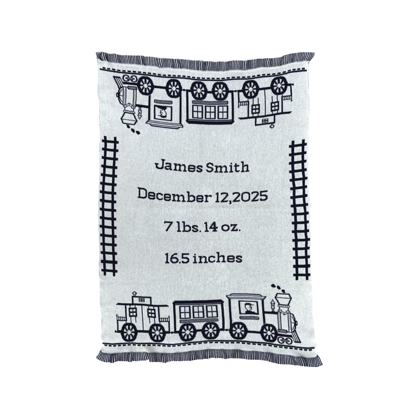Personalized Toy Train Baby Blanket & Play Mat – Knit Baby Blanket (Navy or Baby Blue)