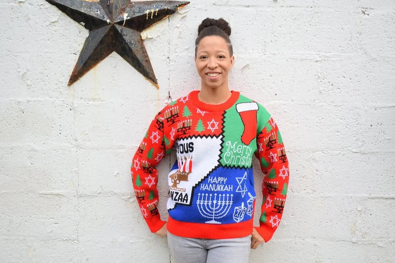 Inclusive Holiday Knit Sweater – Unisex Christmas, Hanukkah & Kwanzaa Sweater, Funny Festive Gift, Made in USA