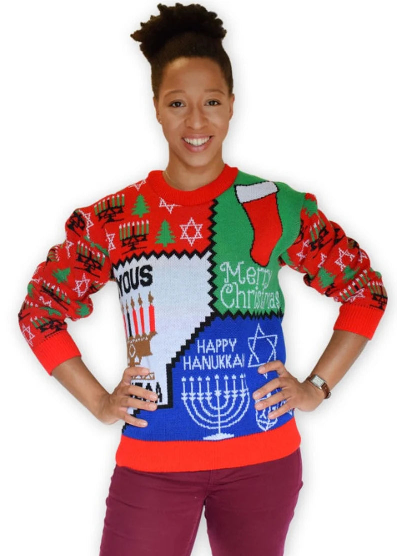 Inclusive Holiday Knit Sweater – Unisex Christmas, Hanukkah & Kwanzaa Sweater, Funny Festive Gift, Made in USA