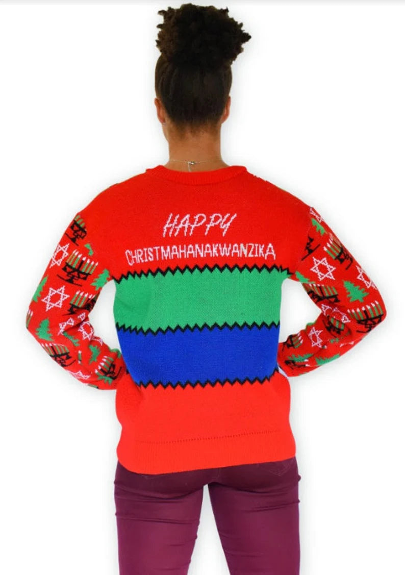 Inclusive Holiday Knit Sweater – Unisex Christmas, Hanukkah & Kwanzaa Sweater, Funny Festive Gift, Made in USA