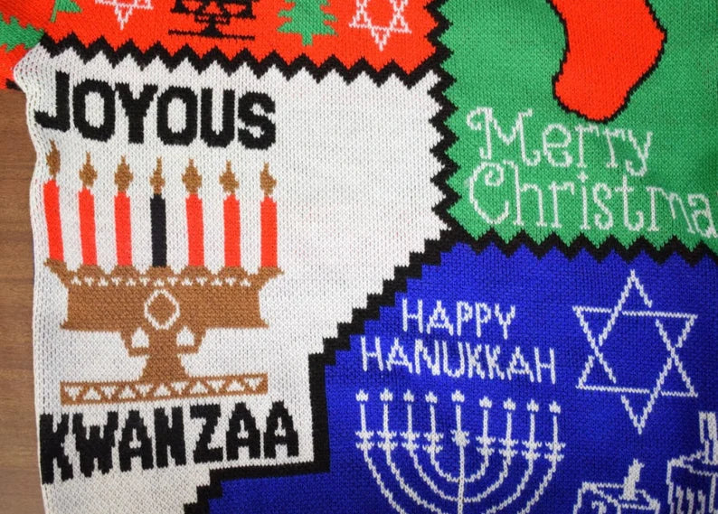 Inclusive Holiday Knit Sweater – Unisex Christmas, Hanukkah & Kwanzaa Sweater, Funny Festive Gift, Made in USA