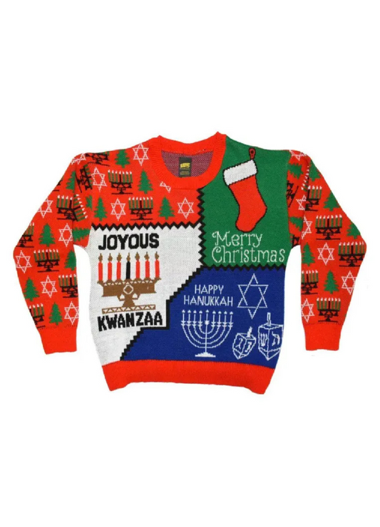 Inclusive Holiday Knit Sweater – Unisex Christmas, Hanukkah & Kwanzaa Sweater, Funny Festive Gift, Made in USA