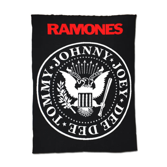 Black blanket with Ramones logo featuring red text at the top and white circular design below on a white background.