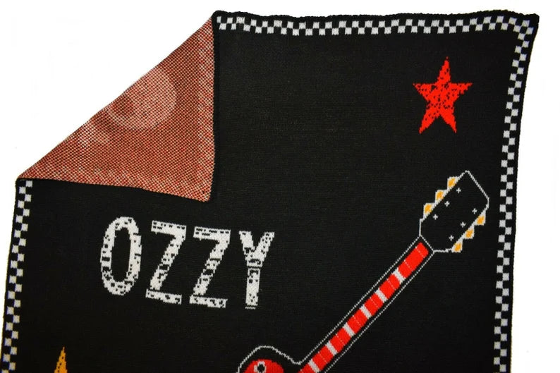 Rock Star Guitar Baby Blanket โ Personalized Knit Baby Name Blanket, Crib or Stroller Blanket, Made in USA
