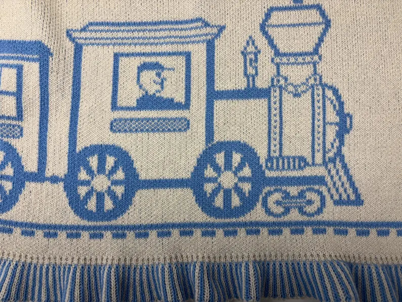 Personalized Toy Train Baby Blanket & Play Mat – Knit Baby Blanket (Navy or Baby Blue)