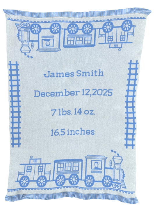 Personalized Toy Train Baby Blanket & Play Mat – Knit Baby Blanket (Navy or Baby Blue)