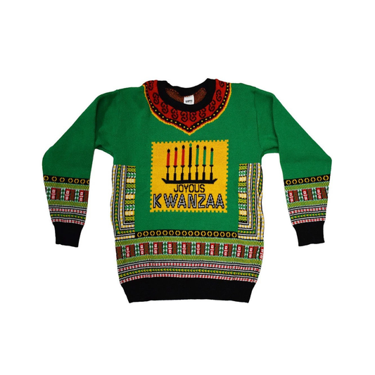 Green sweater with Kwanzaa design on a white background