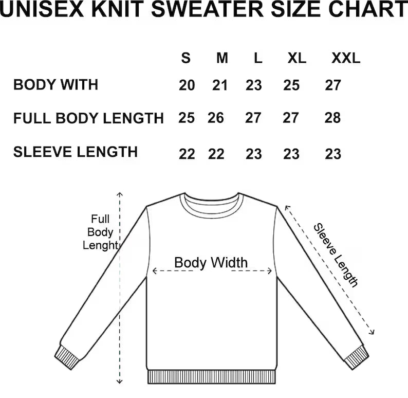 Unisex knit sweater size chart with measurements for body width, full body length, and sleeve length.