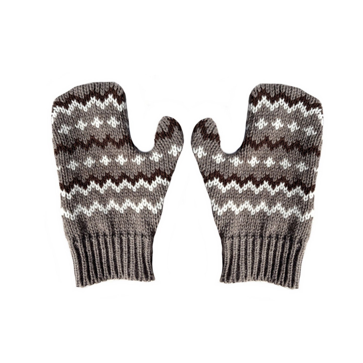 Pair of knitted mittens with a pattern on a white background