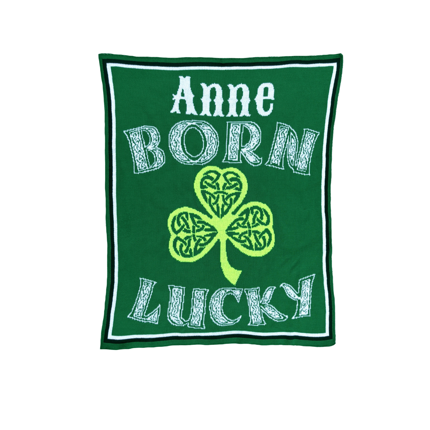 Born Lucky Personalized Baby Blanket – Custom Knit Name Blanket, Shamrock Design, Made in USA
