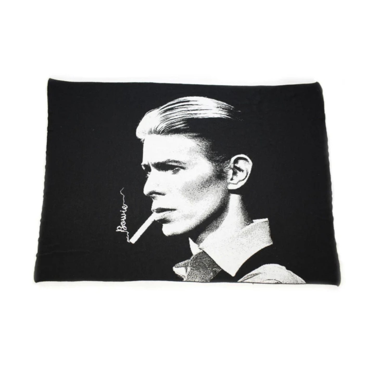 Black blanket with a black and white portrait of David Bowie smoking a cigarette, labeled 'Bowie'.