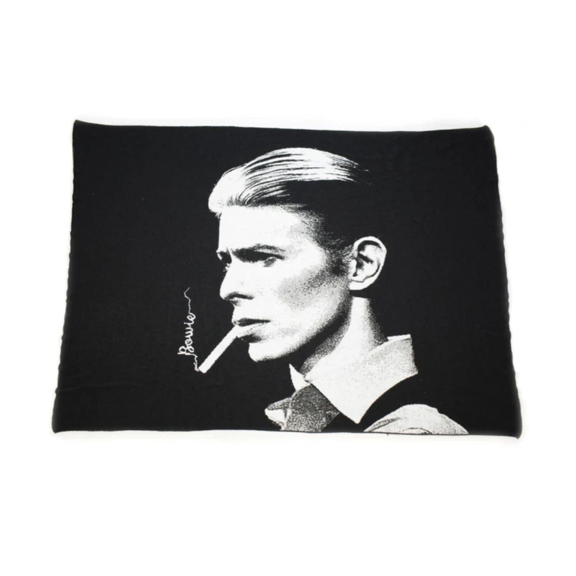 Black blanket with a black and white portrait of David Bowie smoking a cigarette, labeled 'Bowie'.