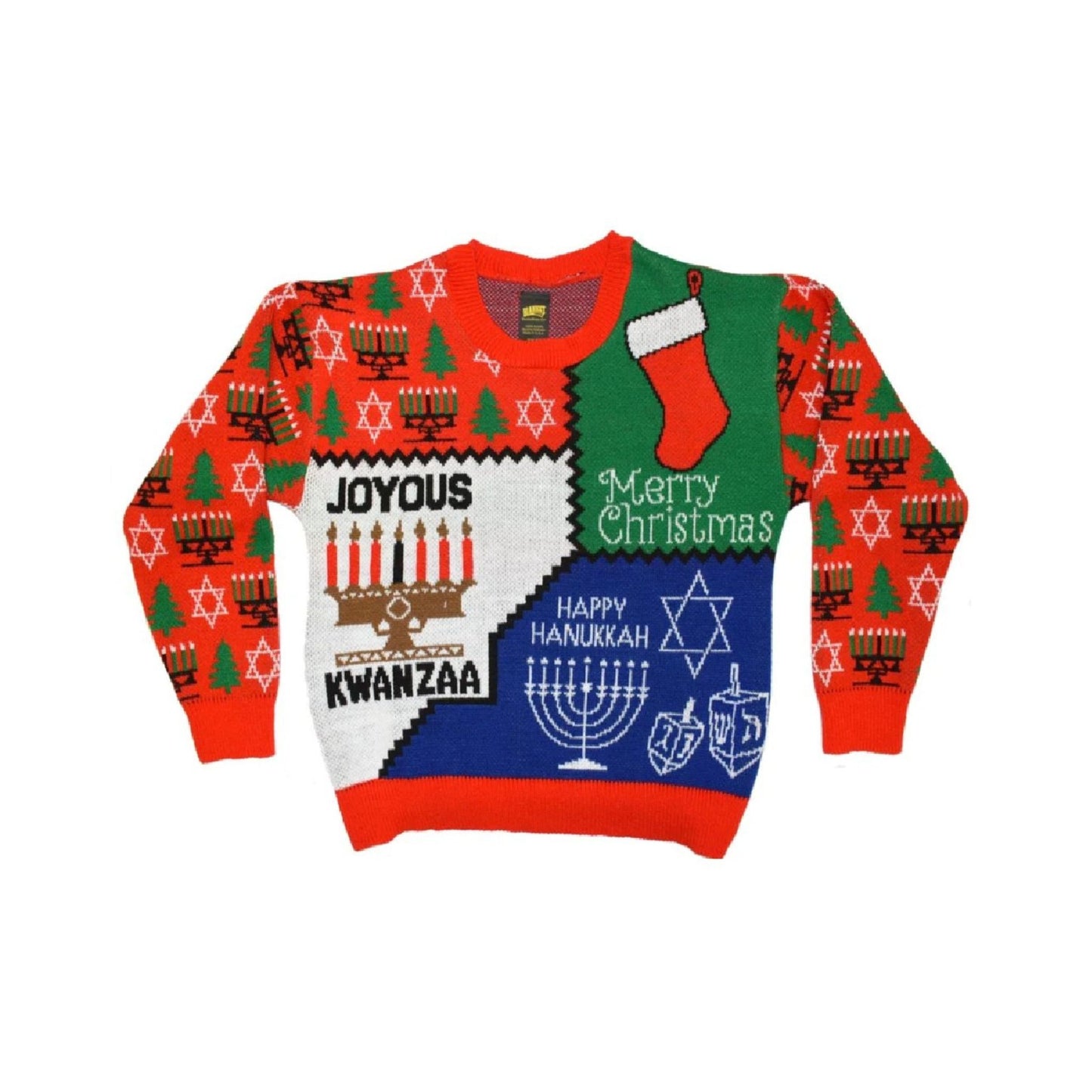 Multicolored sweater with holiday-themed designs on a white background