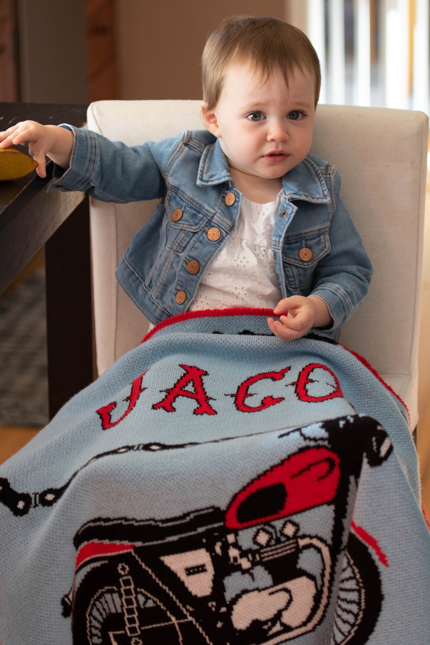 Personalized Motorcycle Baby Name Blanket – Knit Biker Baby Blanket (Pink or Blue, Multiple Sizes)