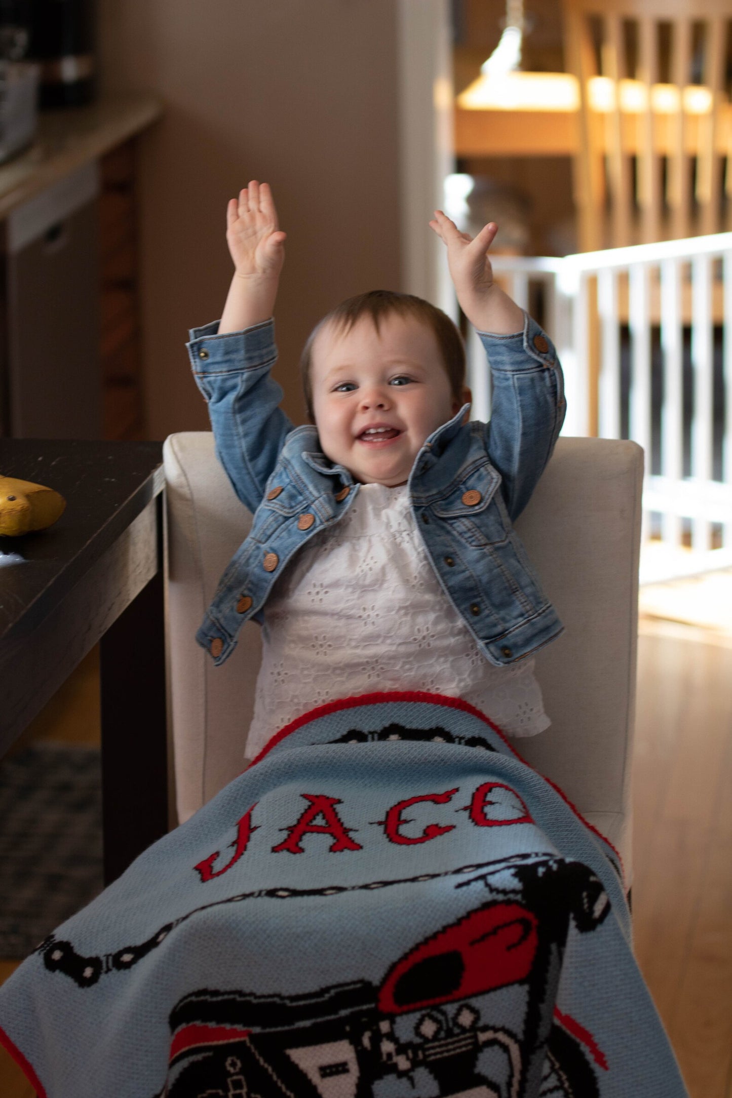 Personalized Motorcycle Baby Name Blanket – Knit Biker Baby Blanket (Pink or Blue, Multiple Sizes)