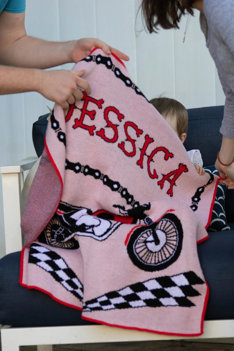 Personalized Motorcycle Baby Name Blanket – Knit Biker Baby Blanket (Pink or Blue, Multiple Sizes)