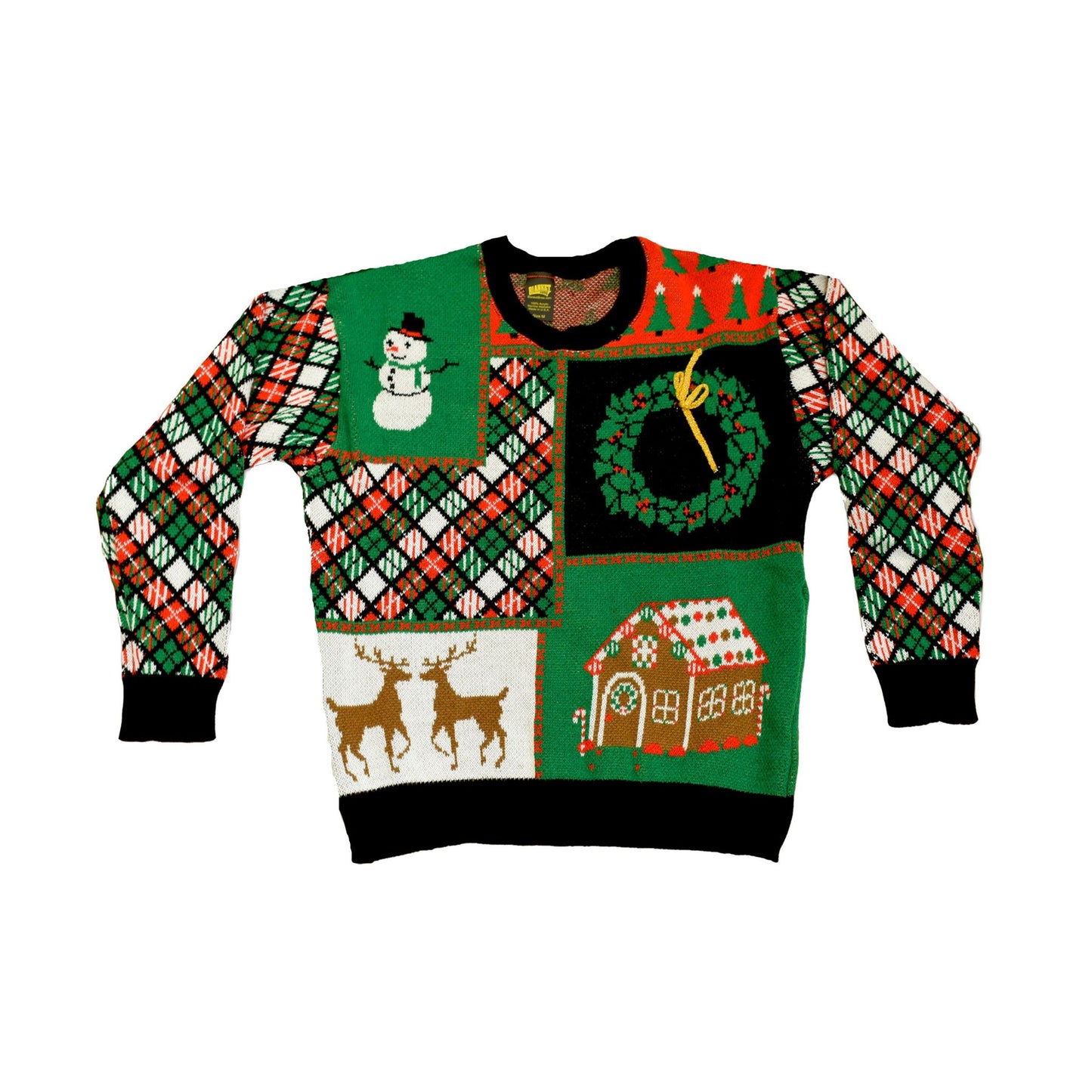 Patchwork Knit Christmas Sweater – Festive Unisex Ugly Holiday Sweater with 3D Ribbon Detail, Made in USA