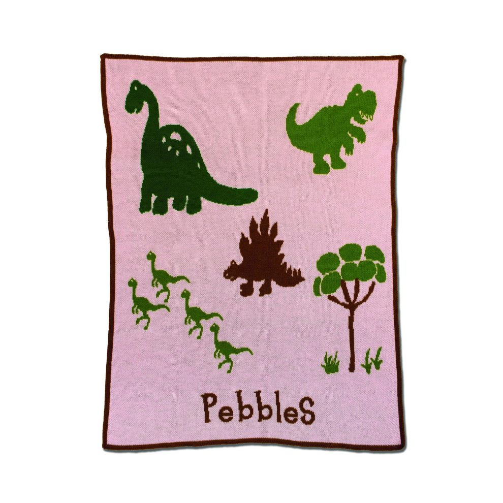 Personalized Dinosaur Knit Baby Blanket – Dino Baby Name Blanket (Pink or Blue) – Nursery Gift, Play Mat