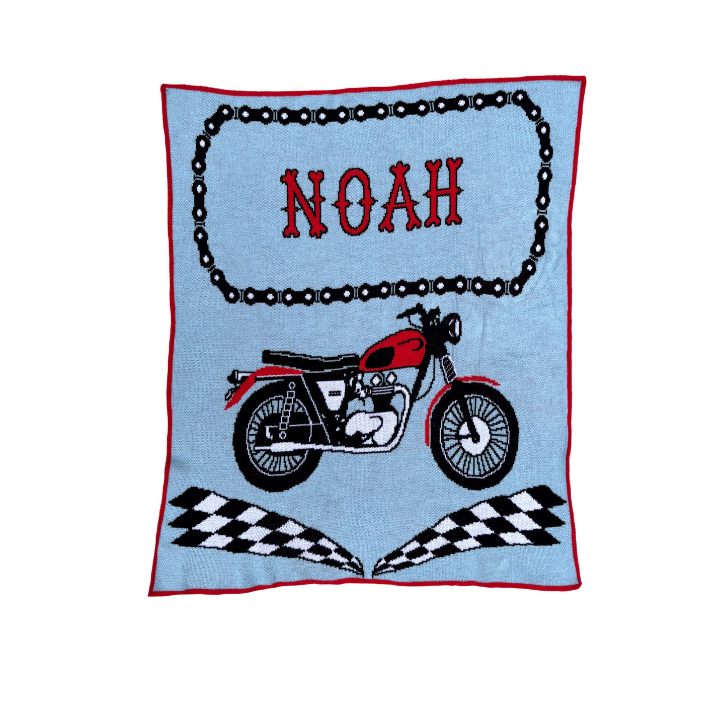 Personalized Motorcycle Baby Name Blanket – Knit Biker Baby Blanket (Pink or Blue, Multiple Sizes)