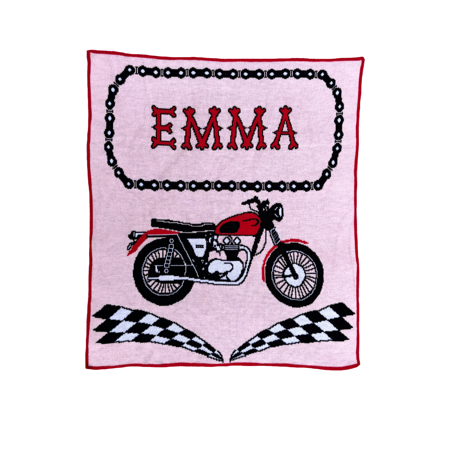 Personalized Motorcycle Baby Name Blanket – Knit Biker Baby Blanket (Pink or Blue, Multiple Sizes)
