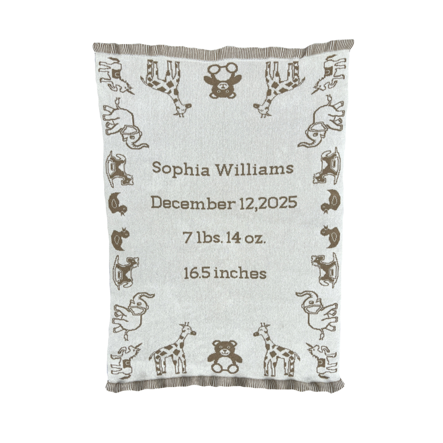 Personalized Toy Animal Knit Baby Blanket – Custom Name Birth Blanket & Play Mat, Made in USA