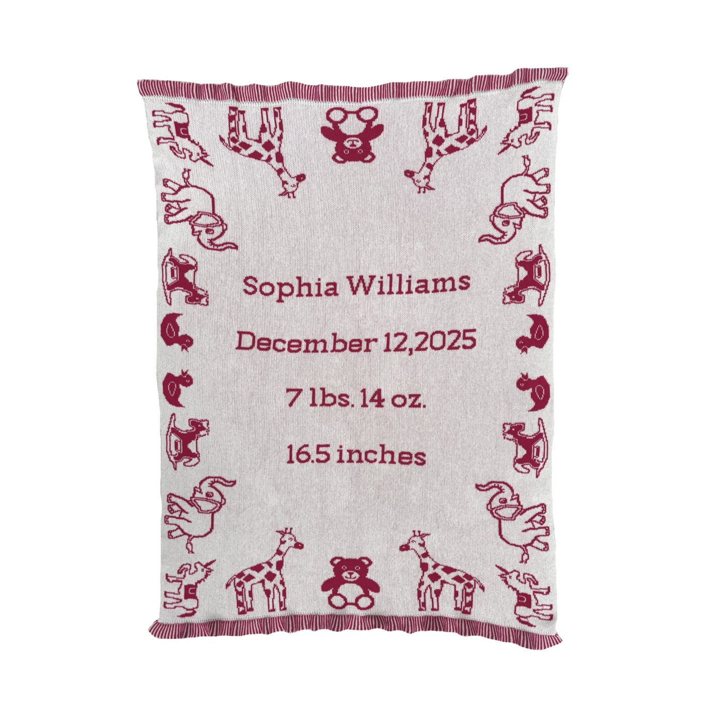Personalized Toy Animal Knit Baby Blanket – Custom Name Birth Blanket & Play Mat, Made in USA