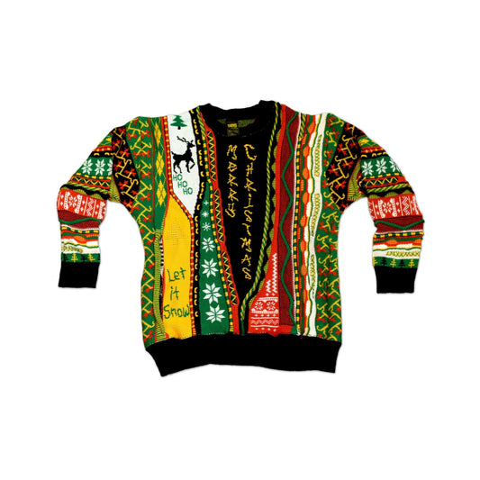 Colorful patterned sweater with text on a white background