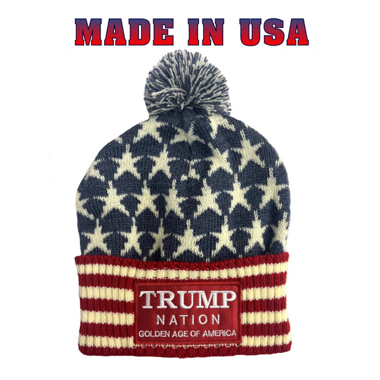 Knitted beanie with American flag pattern and 'Made in USA' text on a white background