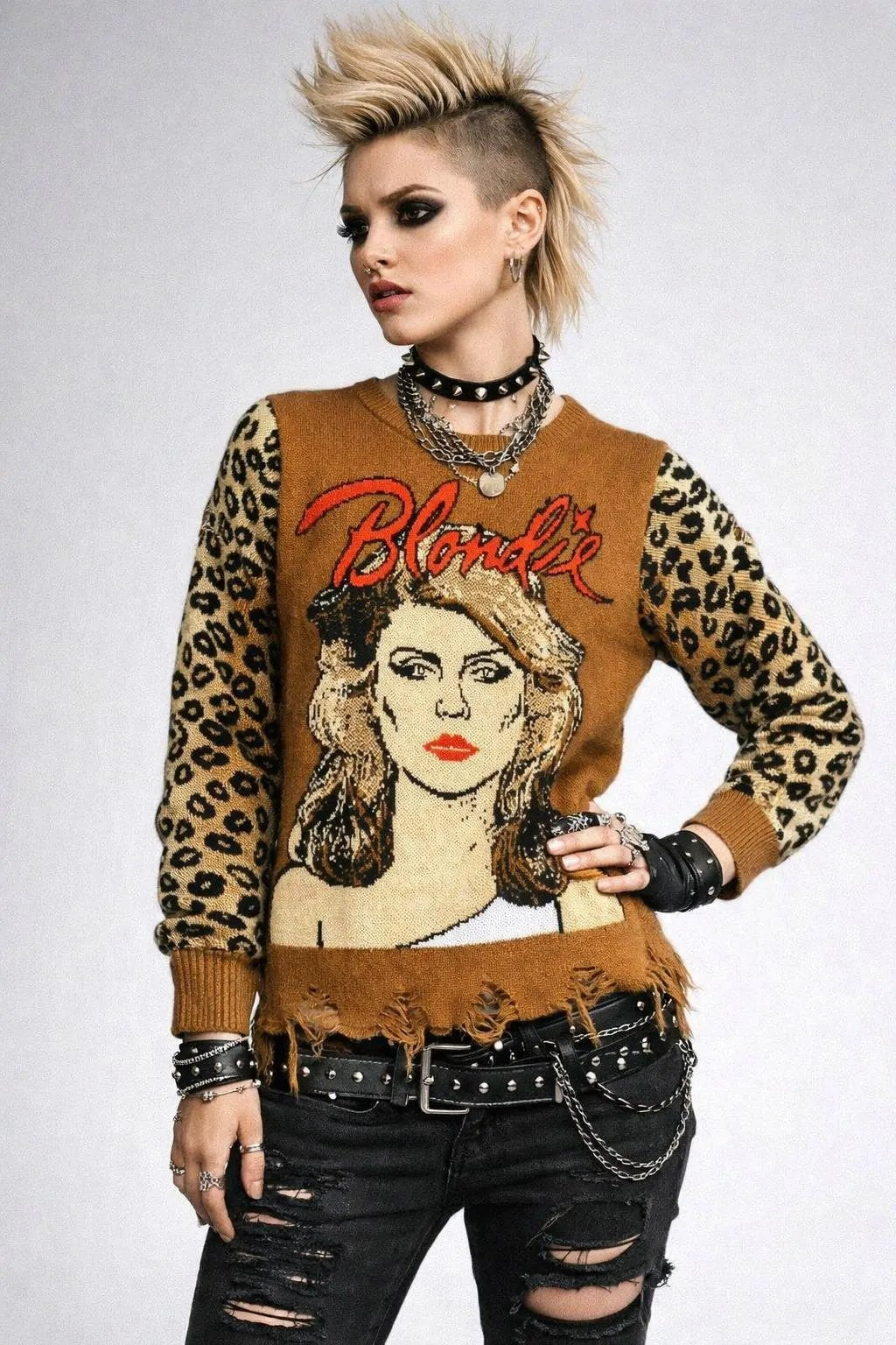 Blondie Knit Sweater – Vintage Rock Unisex Sweater with Leopard Print Sleeves, Made in USA