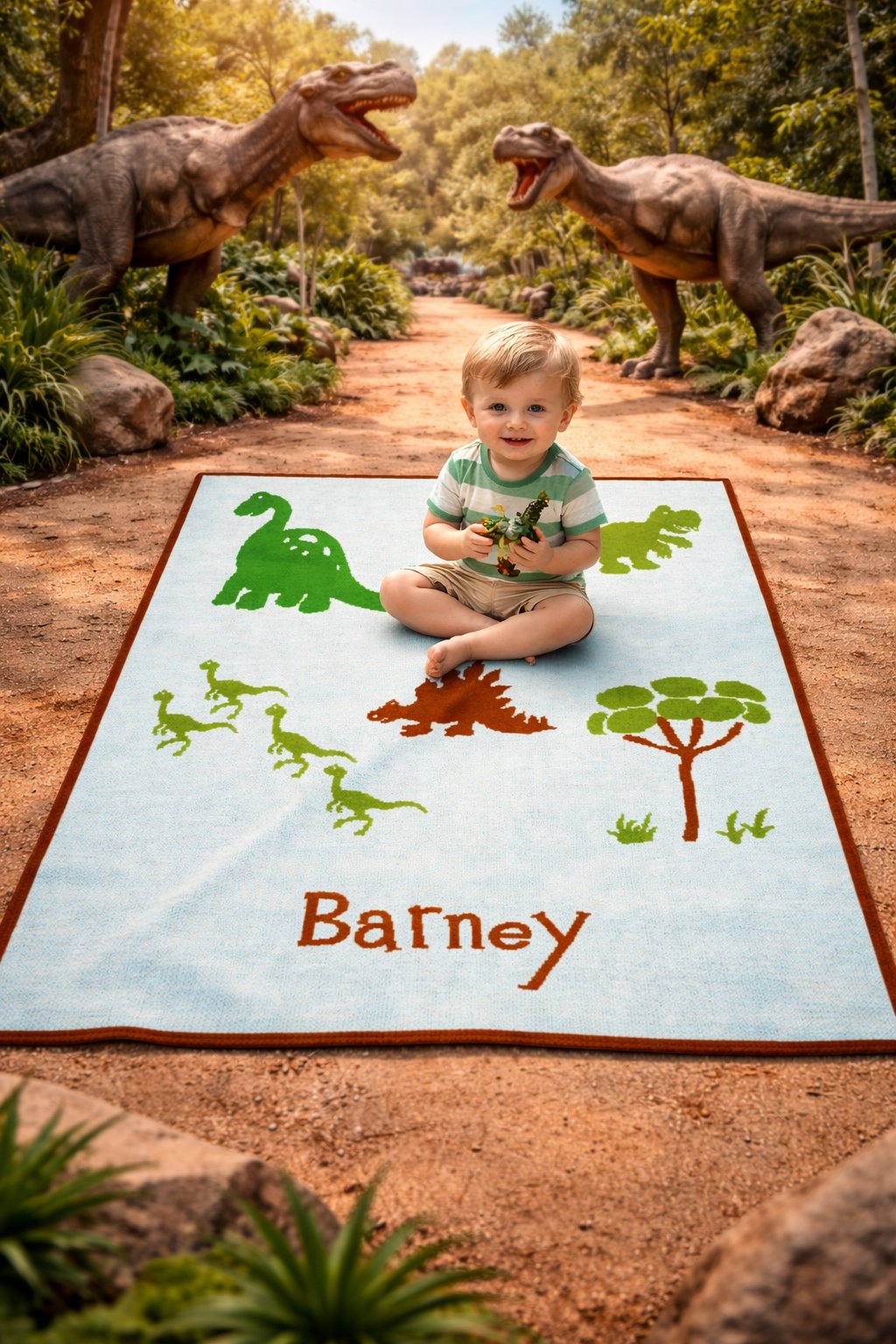 Personalized Dinosaur Knit Baby Blanket – Dino Baby Name Blanket (Pink or Blue) – Nursery Gift, Play Mat