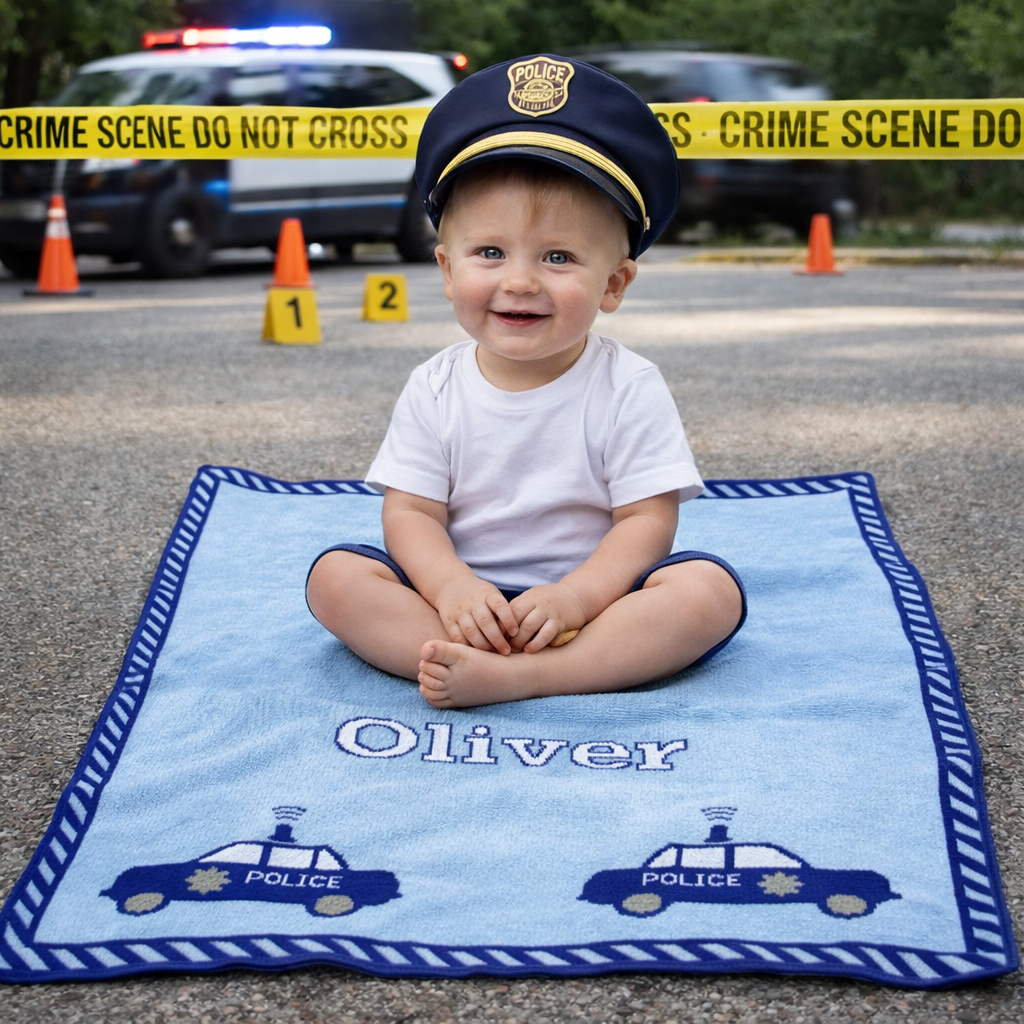 Personalized Police Baby Blanket – Custom Knit Name Blanket, Blue or Pink Law Enforcement Baby Gift, Future Police Officer Blanket